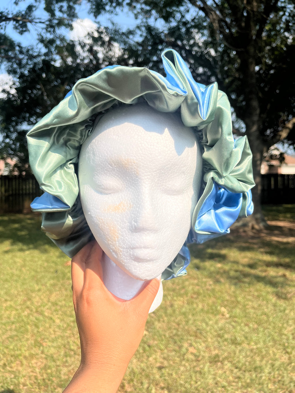 Light Blue/ Mint Green Reversible Hair Bonnet