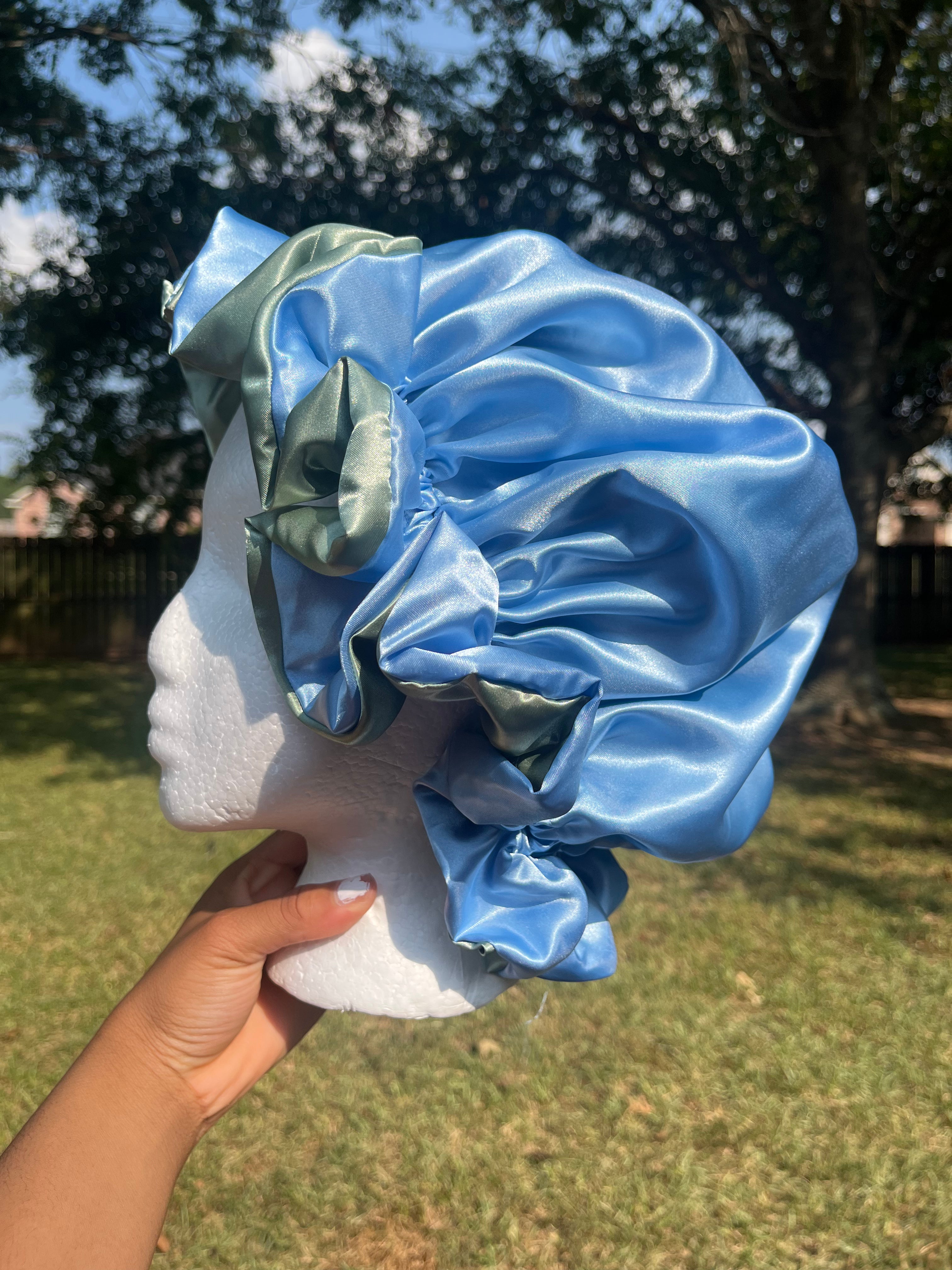 Light Blue/ Mint Green Reversible Hair Bonnet