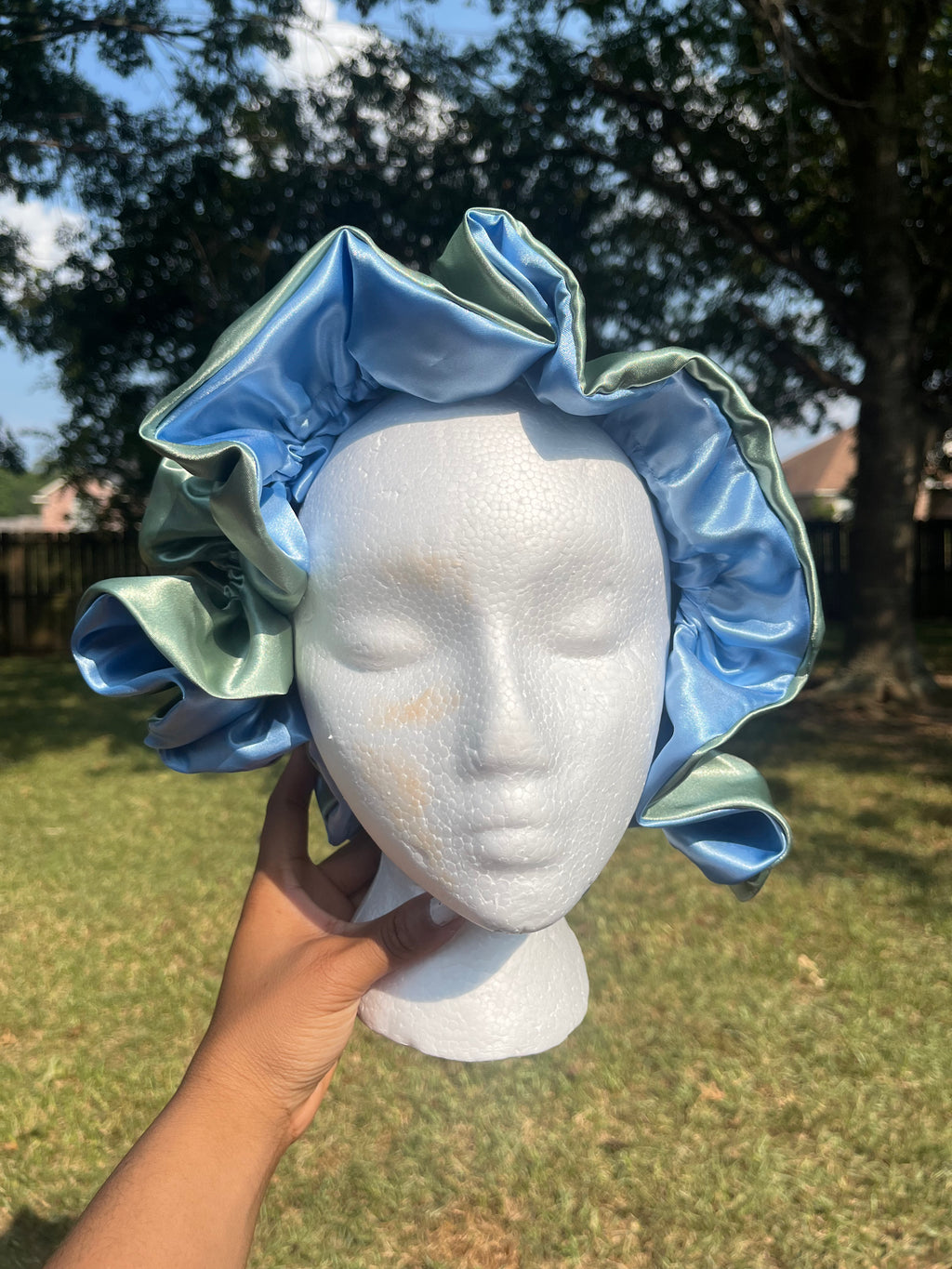 Light Blue/ Mint Green Reversible Hair Bonnet
