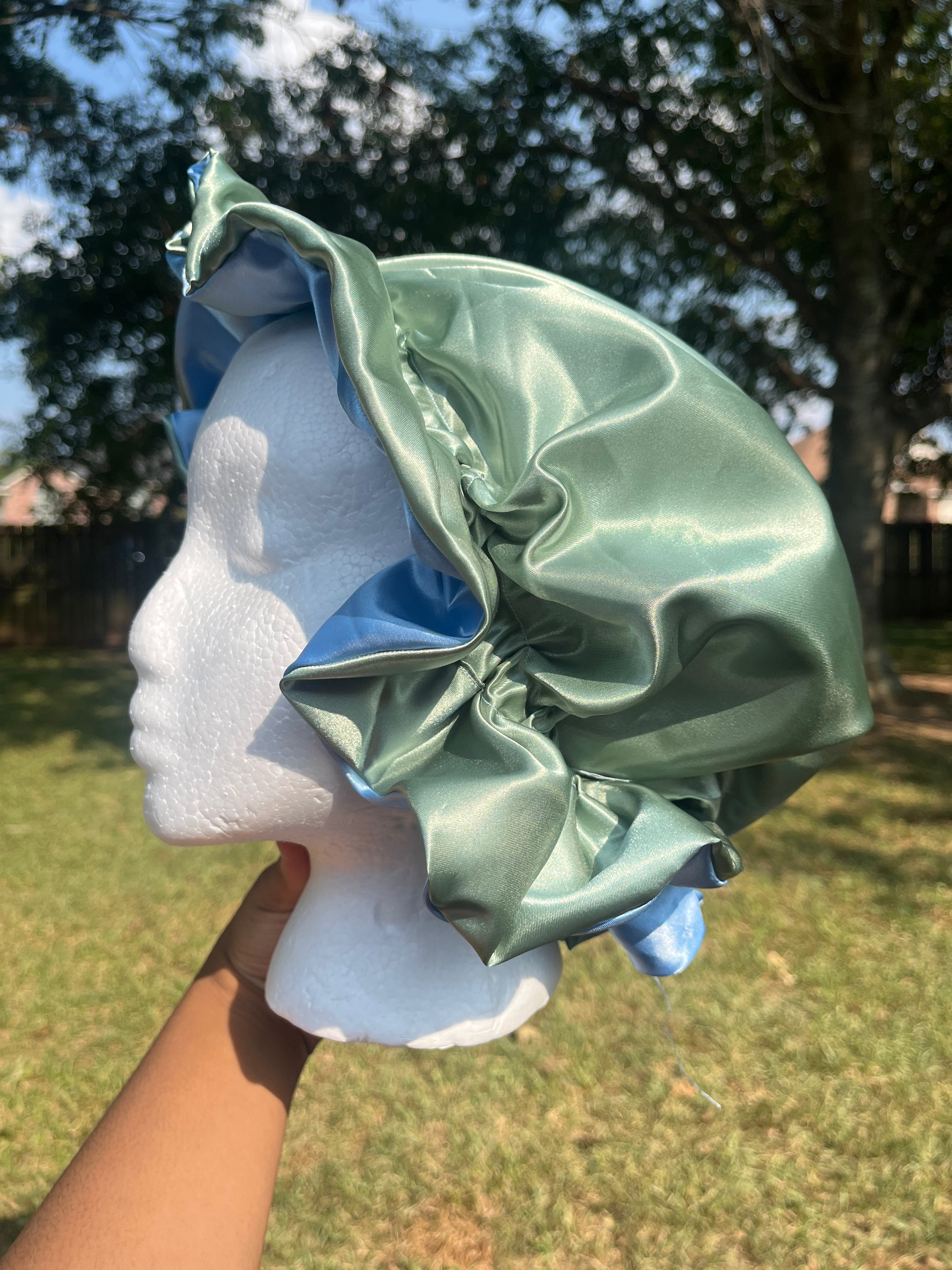 Light Blue/ Mint Green Reversible Hair Bonnet