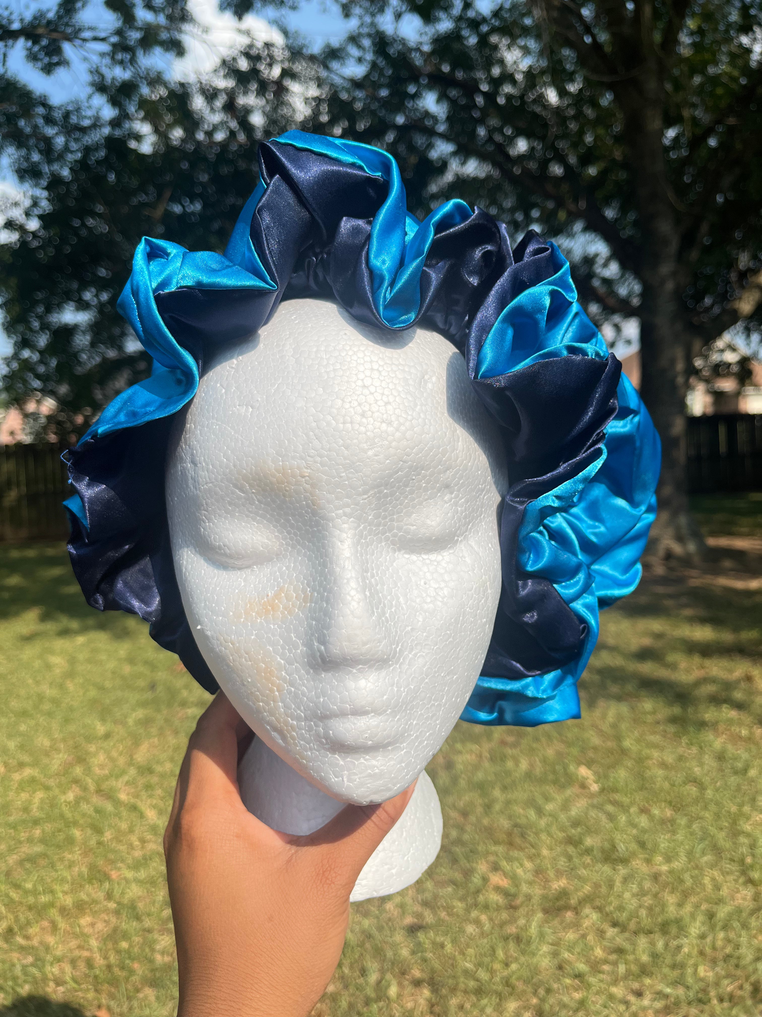 Navy Blue/ Light Blue Reversible Hair Bonnet