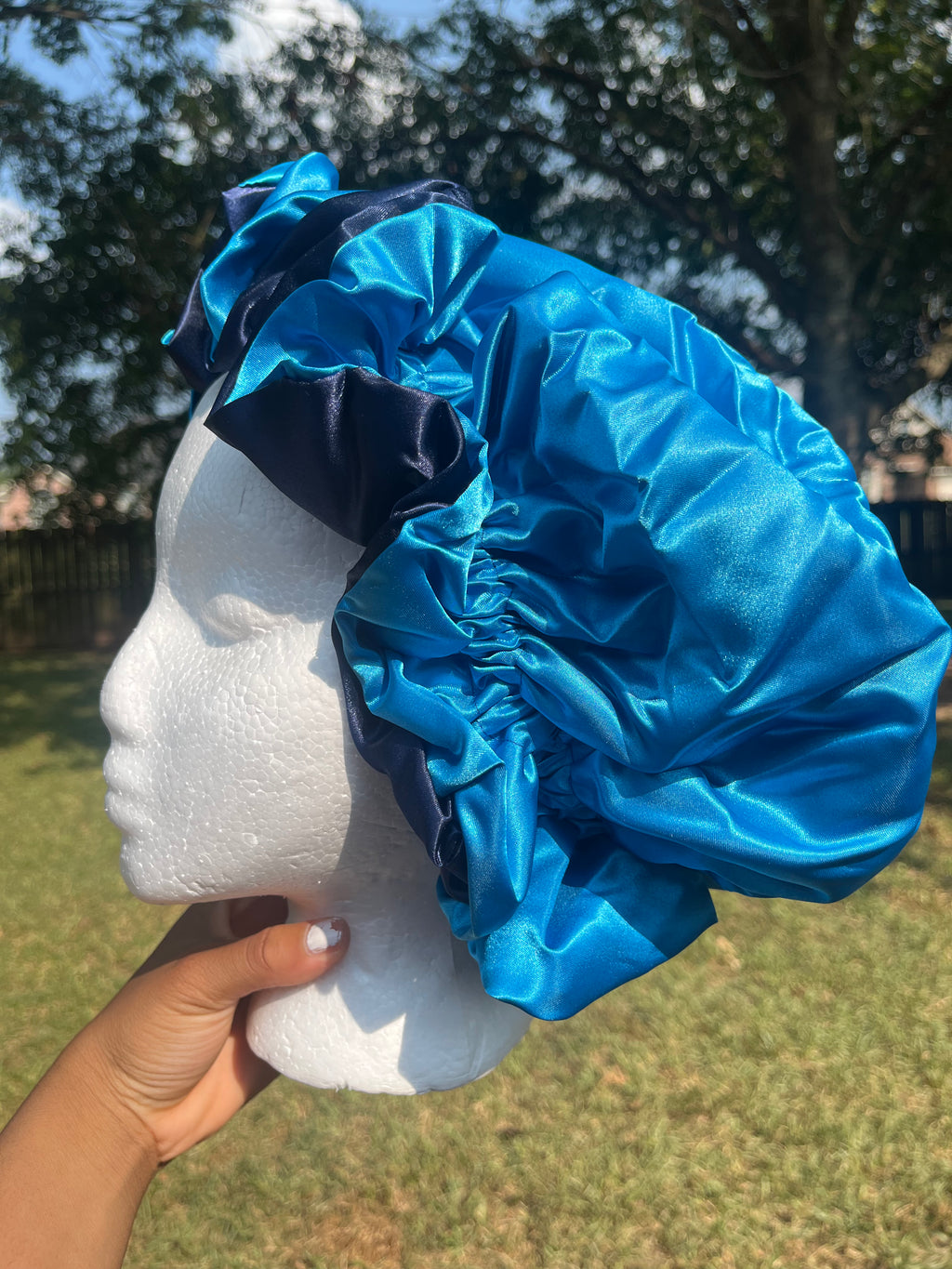 Navy Blue/ Light Blue Reversible Hair Bonnet