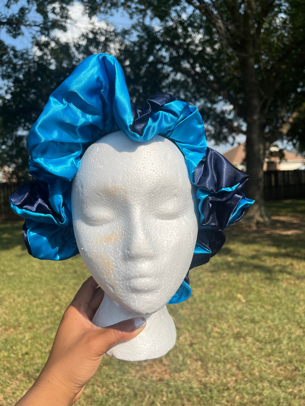 Navy Blue/ Light Blue Reversible Hair Bonnet