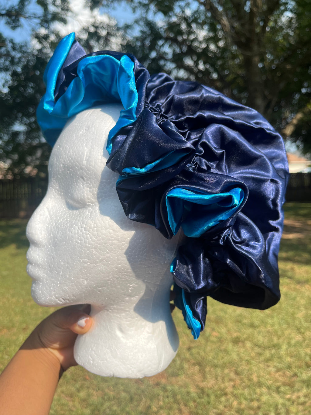 Navy Blue/ Light Blue Reversible Hair Bonnet