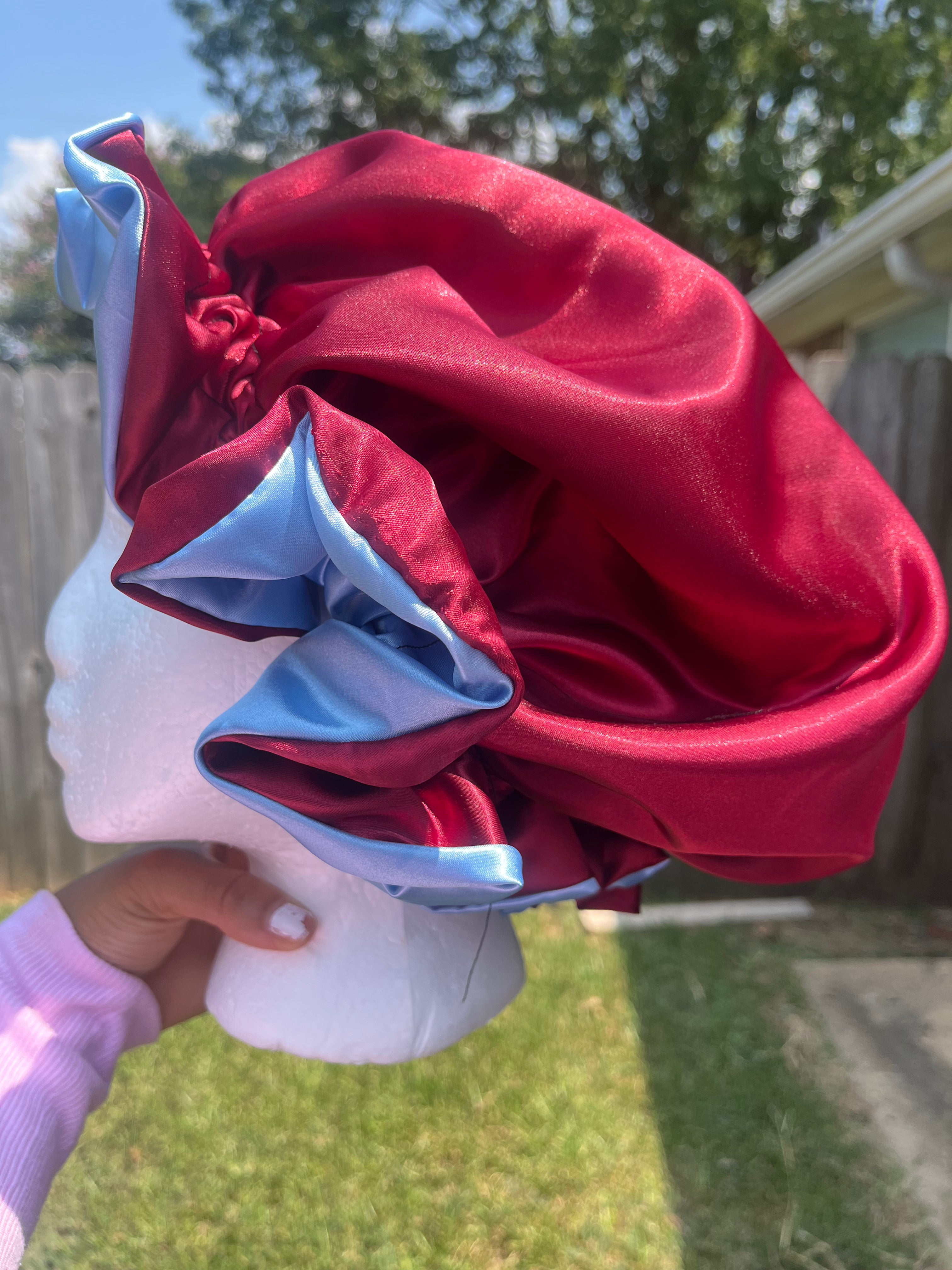 Red/Light Blue Reversible Hair Bonnet