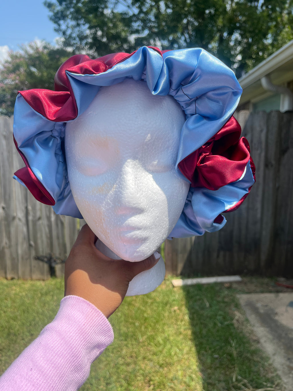Red/Light Blue Reversible Hair Bonnet