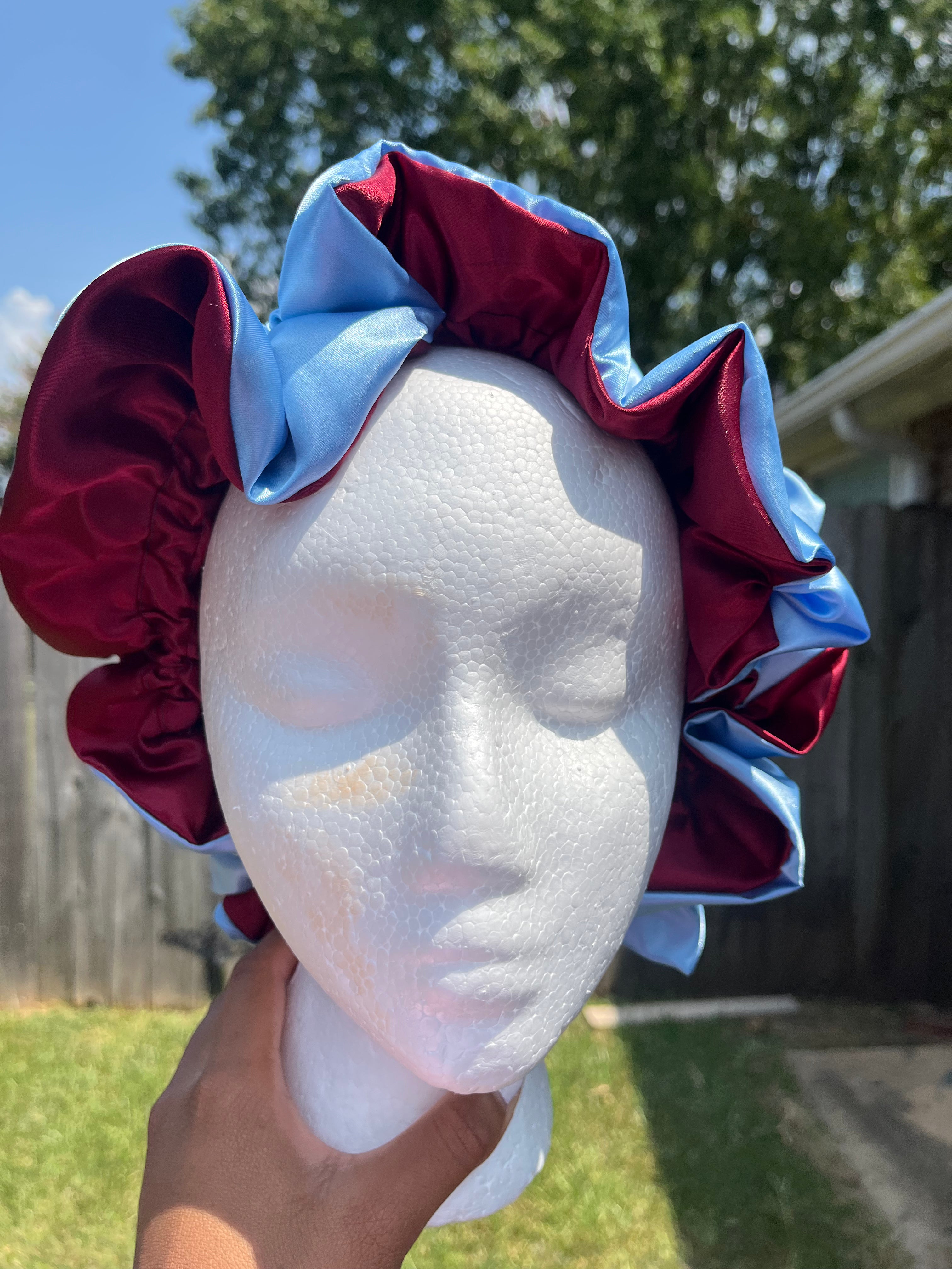 Red/Light Blue Reversible Hair Bonnet