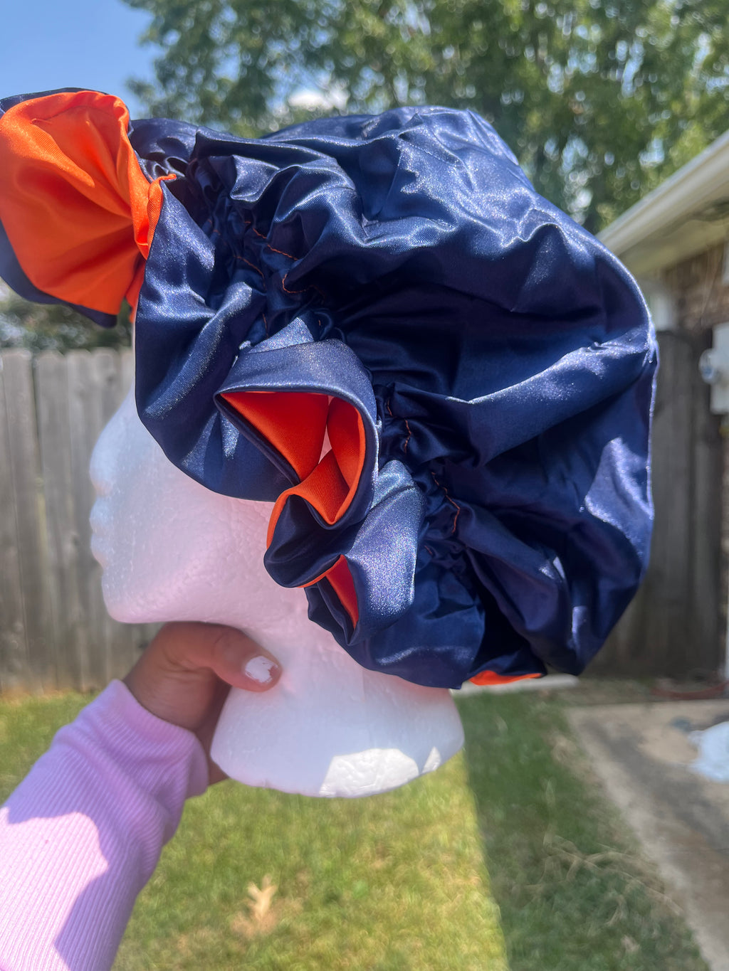 Navy/Orange reversible Hair Bonnet
