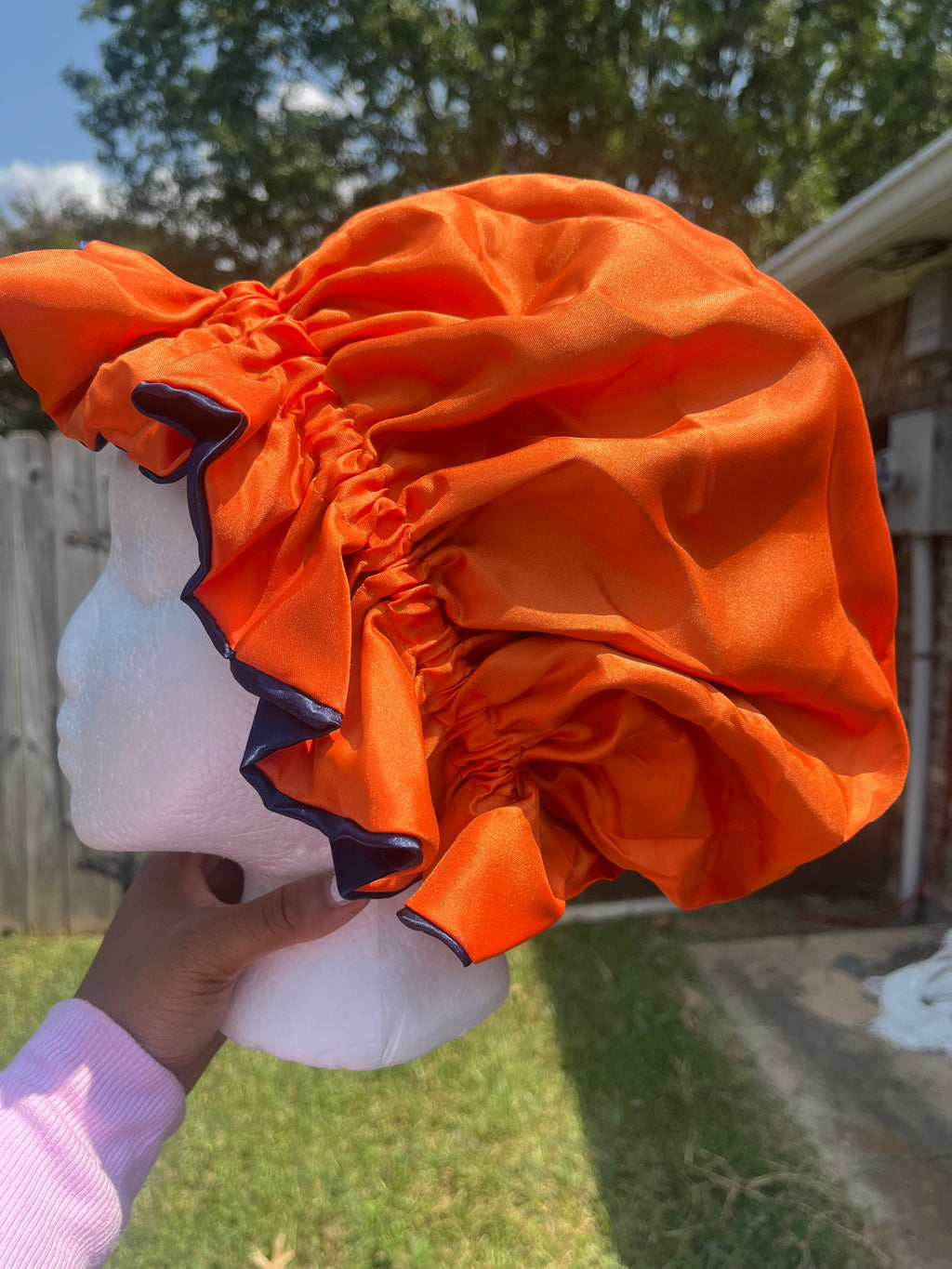 Navy/Orange reversible Hair Bonnet